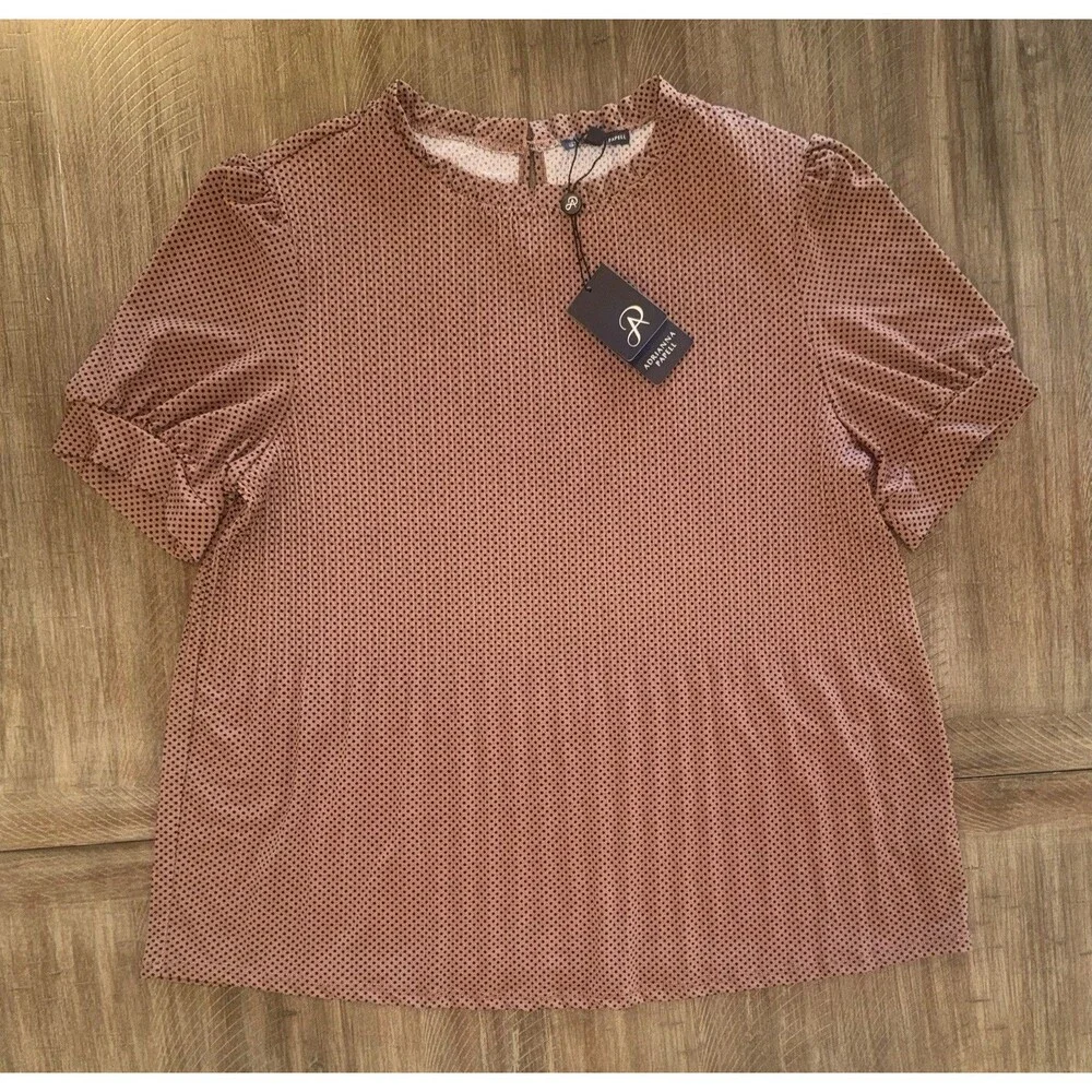 NWT Adrianna Papell Polka Dot Print Ruffle Neck Puffed Sleeve Pleated Top XL $69